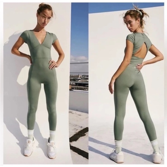 Free People Pants - Free People Green V-Neck Jumpsuit with Full-Length Silhouette M